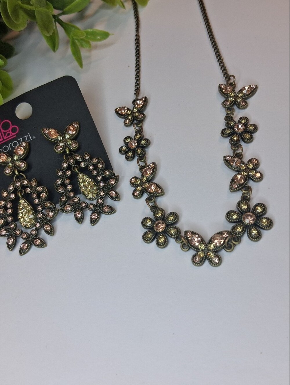 Brass And Champagne Floral Butterfly Necklace And Earrings Set